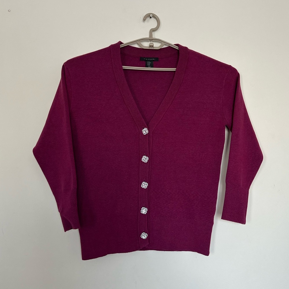 Tahari Sweater Jeweled Buttons Cranberry Red Womens Cardigan Sz XS oversized
